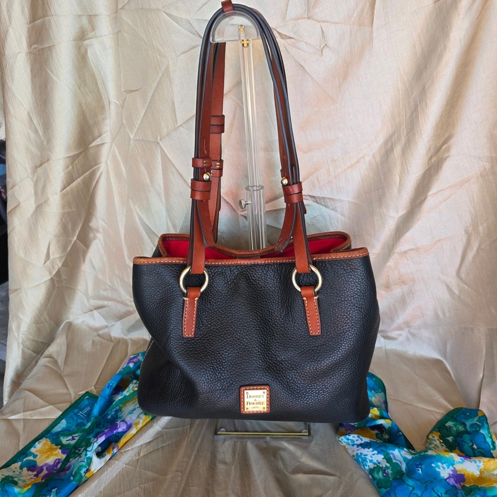 Dooney & Bourke Black Pebbled Leather Small Lexington Tote Bag Tan Trim